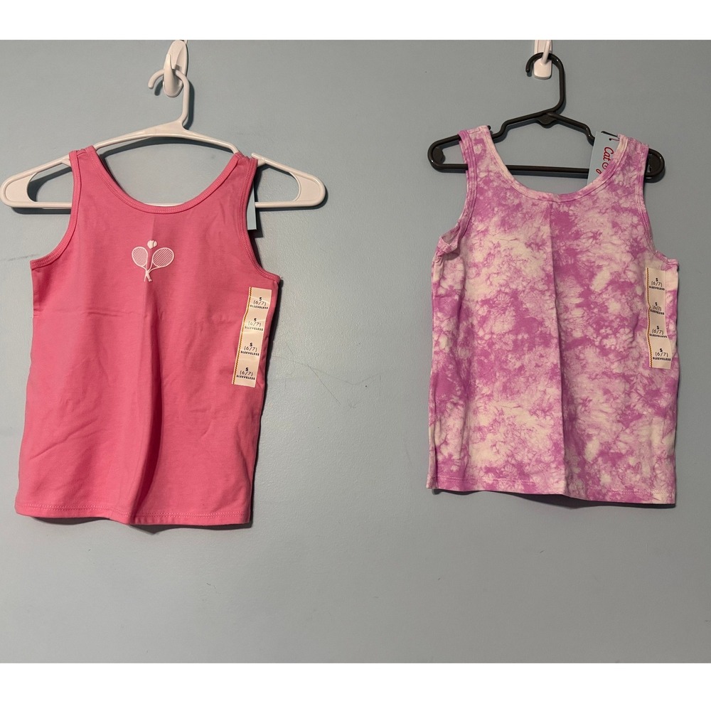 Cat & Jack Girls Small 6/7 2pk Tank Tops Pink Tennis & Purple Tie Dye 2323